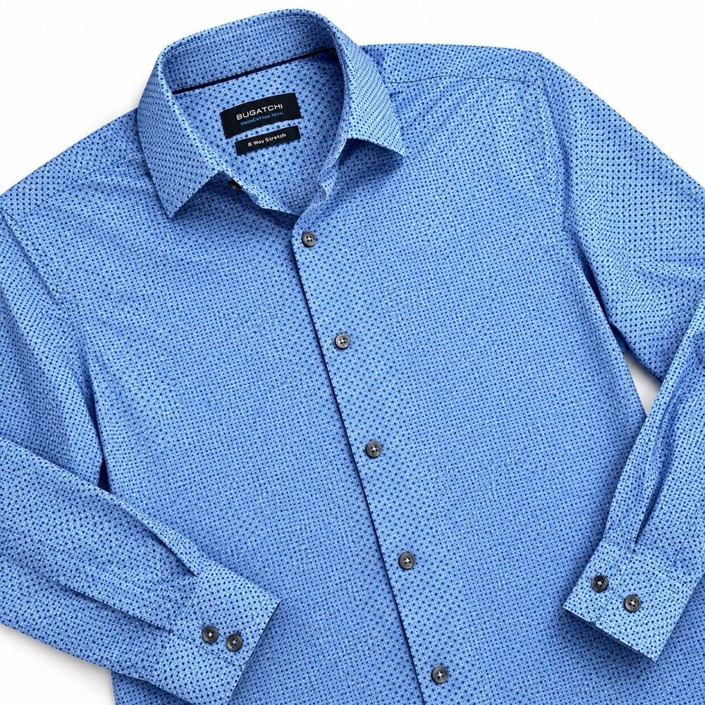 Bugatchi James Micro-Check OoohCotton Shirt Classic Blue 8-Way Stretch Men's S